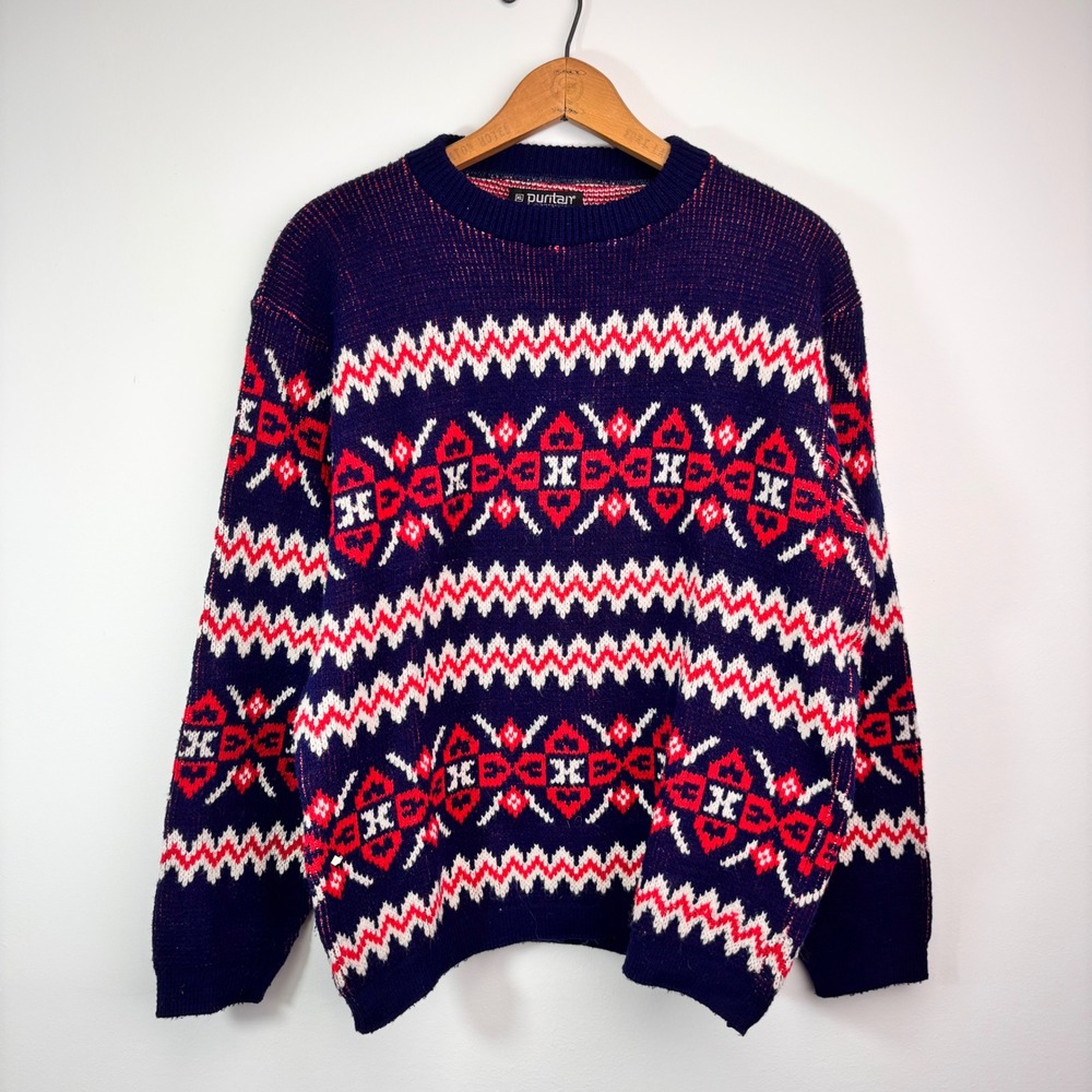 Puritan Sportswear Vintage Fair Isle Nordic Ski Sweater Navy Red White XL